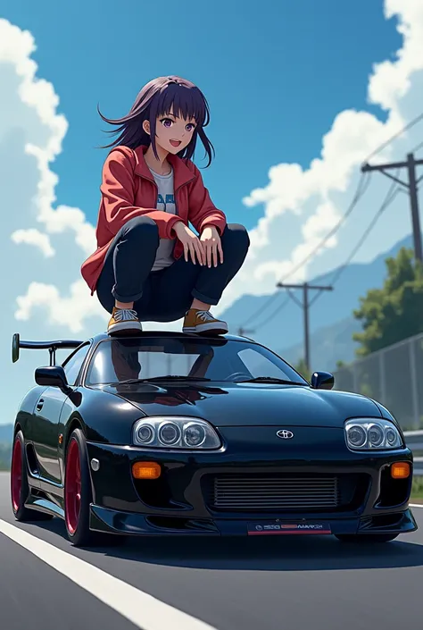 An anime character on top of a black Supra Mk4
