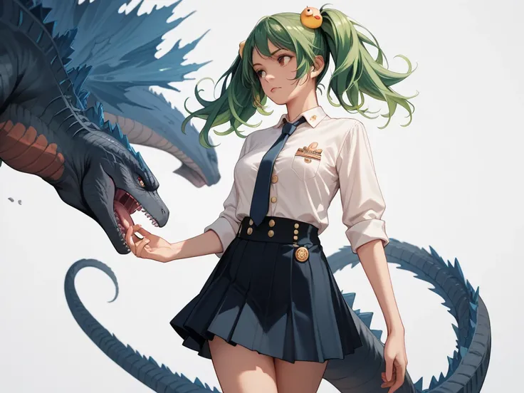 chica estilo anime,  green hair with pigtails, Breasts 34C, With Godzillas tail, with a rich-looking club uniform that has a shirt and a skirt with a tie Use blue and white colors with gold buttons, elegant pose looking forward,  with white background