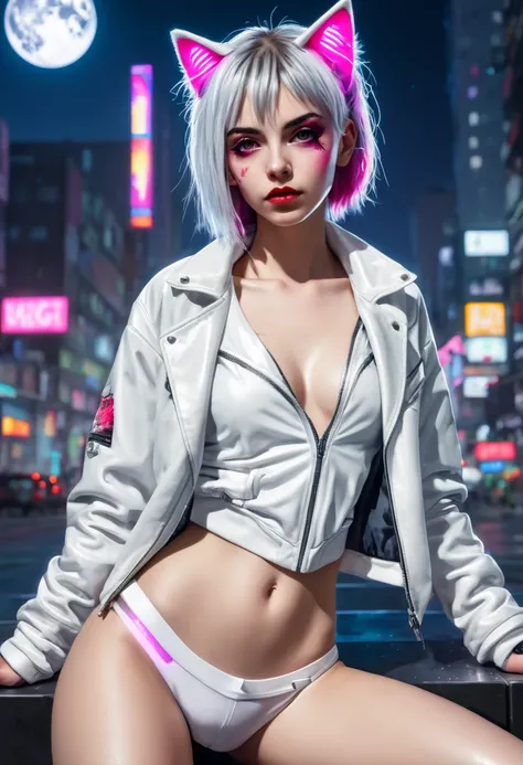 Lucy (cyberpunk), 1girl, teen girl, petite girl, young beautiful punk girl, hair scrunchie, hime cut, silver hair, colored tips, full moon, grey eyes, jacket, long sleeves, looking at viewer, medium hair, multicolored hair, parted bangs, parted lips, pink ...