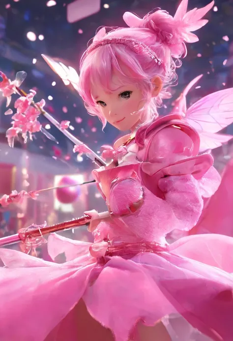 A pink-colored like Cupid shooting an arrow while floating in the air.