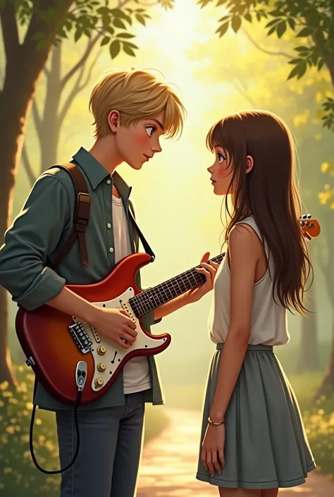 One afternoon, the blond guitarist boy was tuning the strings of the electric guitar and met that shy brown girl. 