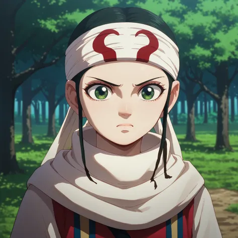 Reiju Vinsmoke  emotionless score_9, score_8_up, score_7_up, 1girl, ((cowl)) headband on forehead  detailed clothing 