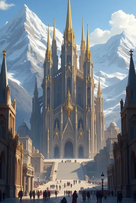 A grand, gothic-style cathedral standing as the centerpiece of a vast, ancient city surrounded by towering, snow-covered mountains. The cathedral is adorned with intricate golden details that shimmer in the sunlight, emphasizing its majestic presence. A wi...