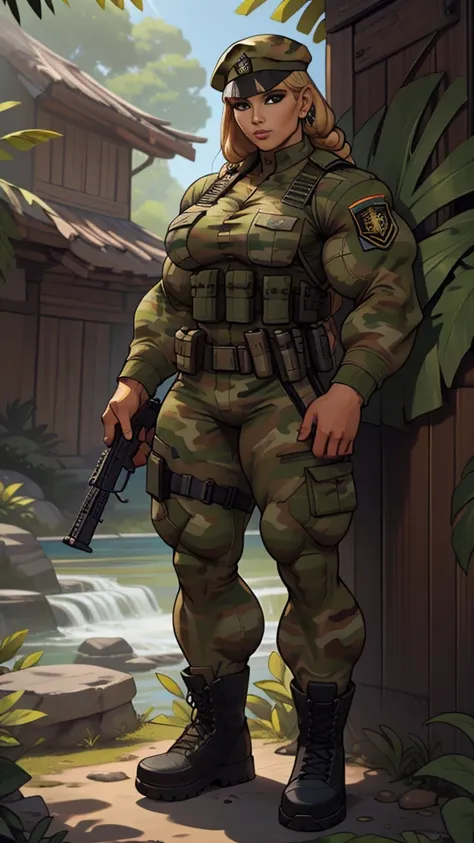 Photorealistic, high resolution, 1 very tanned american woman wearing a green beret, Solo, Hips up, Battlefield background，view the viewer, (Detailed face), braided hair, wearing a green beret and a special team logo, SWAT vests, airborne logo on the chest...