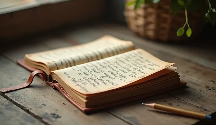  A notebook with a handwritten gratitude list and a pencil on the side, placed on a rustic table . Realic 4k HDR  