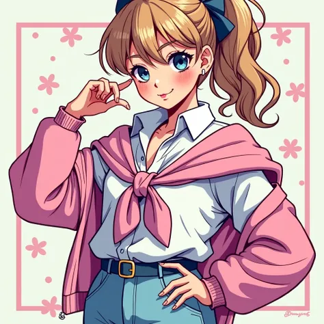 Preppy Anime cartoon girl 1990 Housewife wearing a Massive White Popped Collar Polo with a Pink sweater tied around shoulders being douche