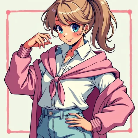 Preppy Anime cartoon girl 1990 Housewife wearing a Massive White Popped Collar Polo with a Pink sweater tied around shoulders being douche