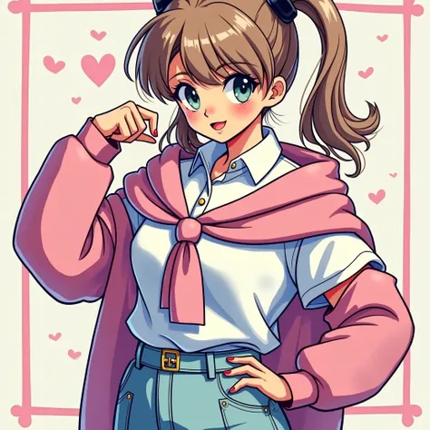 Preppy Anime cartoon girl 1990 Housewife wearing a Massive White Popped Collar Polo with a Pink sweater tied around shoulders being douche