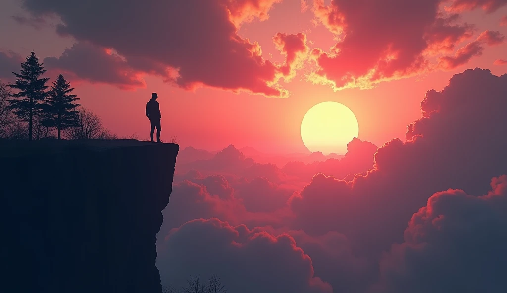  The scene features a determined person standing on the edge of a cliff , looking towards ,  The dark ambient rising sun that symbolizes hope and new beginnings .  The sky is full of dynamic trees ,  Rainy clouds in shades of Dark Gray , rosa, and purple. ...