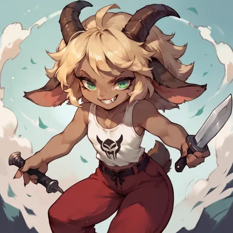 a chibi goat girl with fangs, looks evil, sadistik evil grin, has 4 horns, black and brown fur, holding a knife, wearing red pants and a white tank top, green eyes, has blonde draided hair