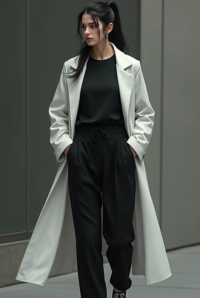 a woman with black hair tied behind a haircut in the front with a black shirt and black pants and black sneakers with a white coat and dark and tired eyes
Shes about 43 years old
