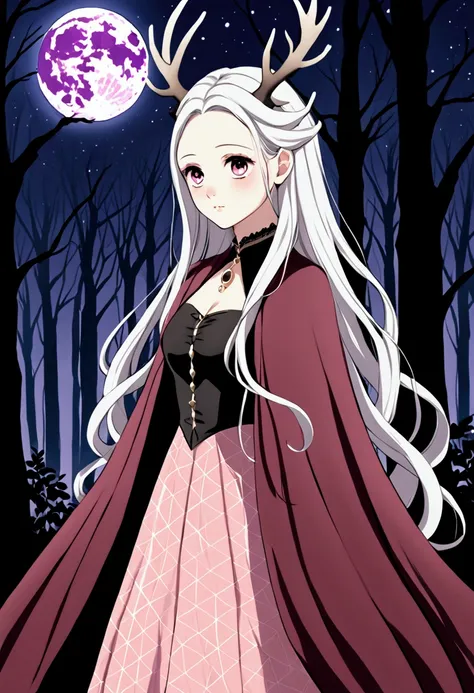 I want a very beautiful woman. She has long, silver hair. She has black deer antlers. Her eyes are completely white. She wears a choker that has the shape of the moon. She wears a wine-colored dress with a purple cloak. Her skin is brown with white spots. ...