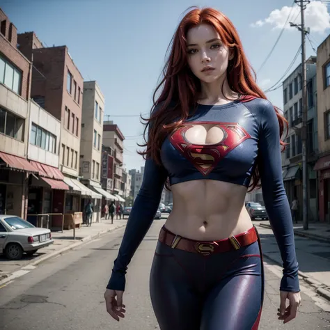 a beautiful red-haired woman with a top with a Superman emblem, quite hot in the background a serene post-apocalypse city