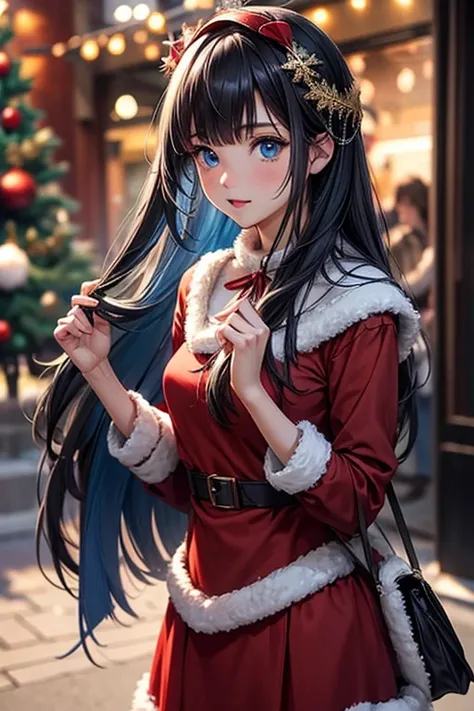 Pretty girl with blue eyes with long fringe hair Christmas dress 