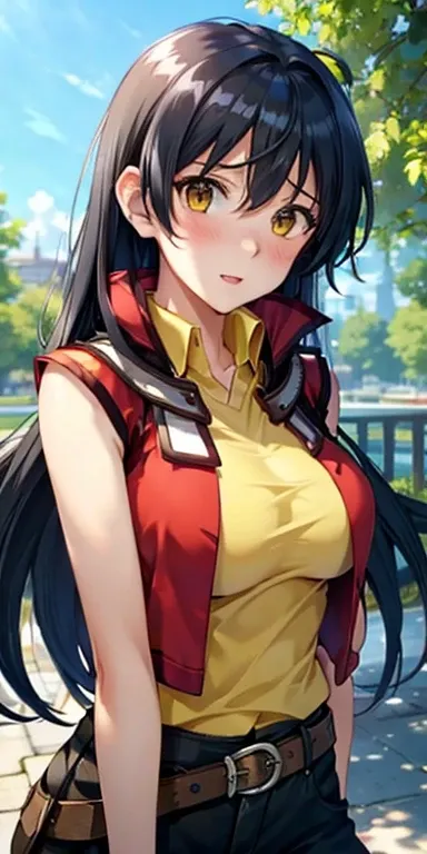 1 Female,High definition,high resolution,Ultra-realistic,8K, hmrei, long hair, black hair,yellow eyes,red jacket, collared shirt, yellow shirt, sleeveless, belt, black shorts, large breasts,European,sexy,Upper body close-up,Photographed from the front,Dyna...