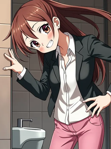 a beautiful anime girl with long brown hair, smiling, wearing a black jacket and pink pants, standing at a urinal in a boys bathroom, peeing standing up like a boy, (best quality,4k,8k,highres,masterpiece:1.2),ultra-detailed,(realistic,photorealistic,photo...