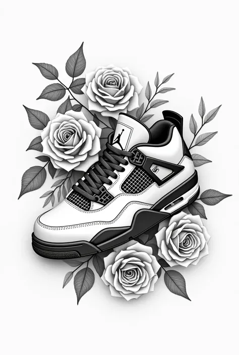 A retro Jordan 4 surrounded by black and white drawn roses