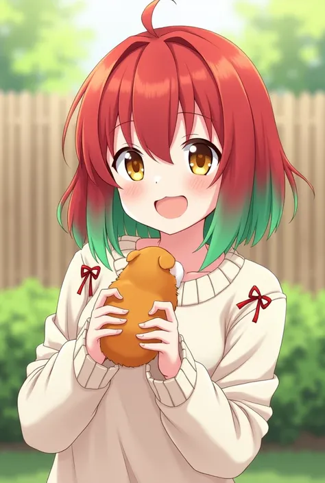 An anime girl with striking half-red, half-green hair (red on top, green on the bottom) and heterochromia, where her left eye is yellow and her right eye is orange. She has a bright, cheerful smile and is gently holding a guinea pig in her hands. She is we...