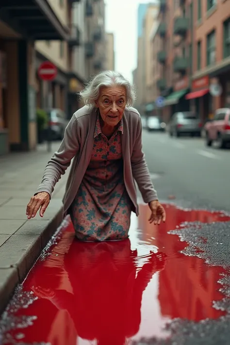 A granny slips into a puddle of red