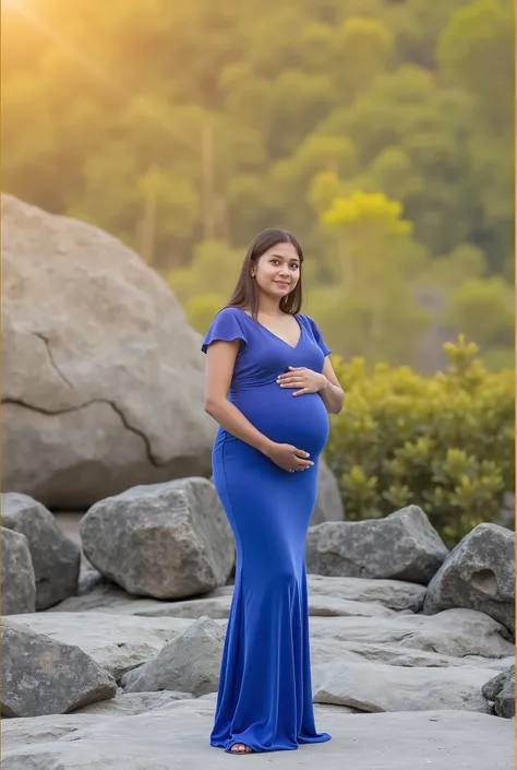 pregnant woman in blue dress standing in a field of rocks, a portrait by Rajesh Soni, pixabay contest winner, art photography, pregnancy, full body photogenic shot, maternal photography 4 k, full body pose, full body photoshoot, full body portrait shot, pr...