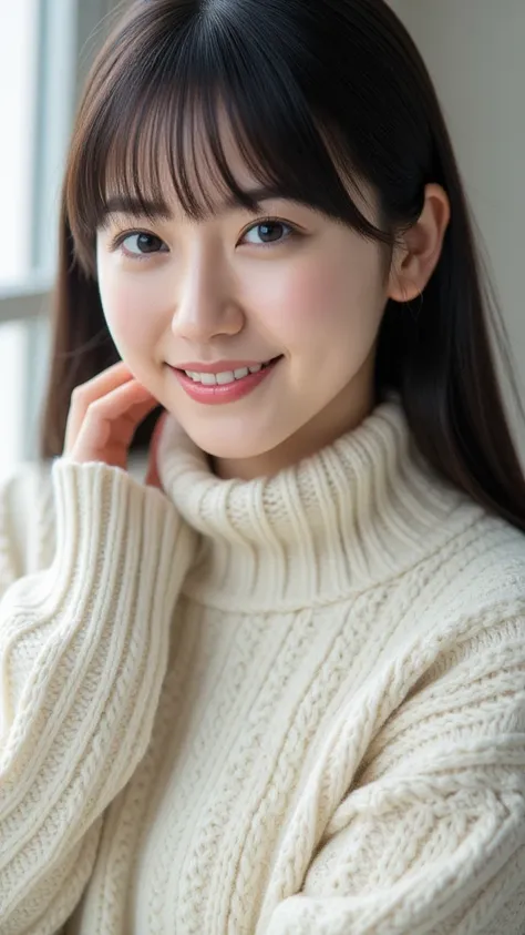 ( Thick Sweaters  : 1.5)、 ((デニムパンツ))((きれいなお尻))  complex and beautiful eyes、woman、 Womanly black hair、( dress : 1.6),  skirt、( Delicate and realistic hair、１Realistic hair)、bangs、  natural colored lips、(smile : 1.2)、((white indoor ))、((18歳woman:1.2))、   sit ...