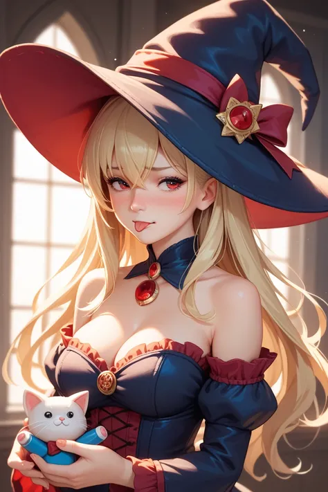  1 , breasts, Blush,  Long hair,  blonde hair ,  red eyes ,  Fringe between the eyes, toys, taken,  cat ears ,  masterpiece ,  tongue out,  Shame on the nose,  embarrassed ,  American plan ,  witch hat , brilliance, Backlighting,  anime style , anime, 