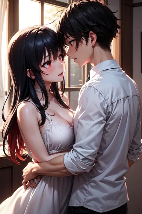  Anime screenshot . Scene R .18.  A pair of twin brothers of the opposite gender  ( a boy and a girl )  with black hair and red tips .  With dark red eyes .  The girl with long and messy hair with a fringe that covers the right edge of her face.  The boy w...