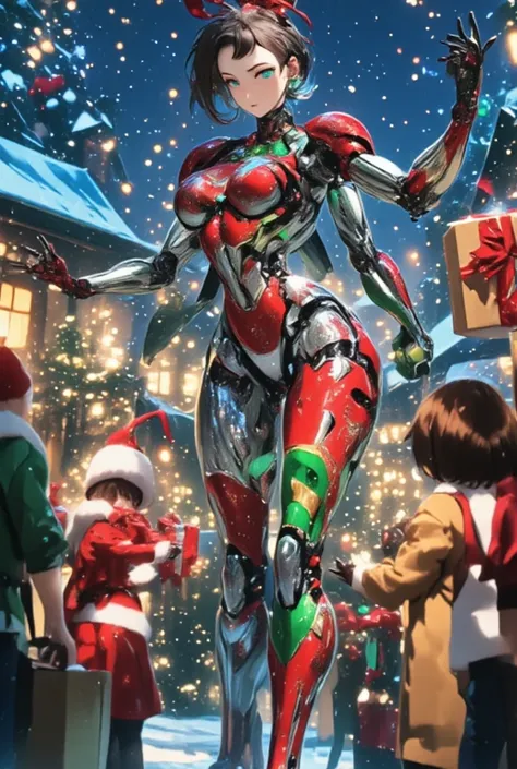 Anime Illustration, In a futuristic snowy village, sexy pose, she has a stylized body with  exaggerated wide hips and narrow waist a female robot named Aurora with twinkling lights. Her sleek, silver frame is painted with festive red and green patterns, hi...