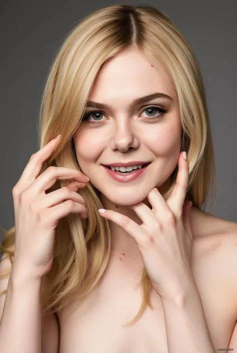 A close up of a topless woman with straight blonde hair, smiling, touching hair and face 