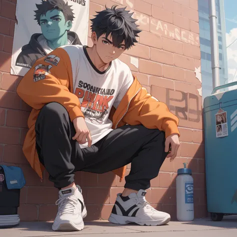 A manga styled young man ,  wearing an oversized sweatshirt and sneakers with futuristic details ,  leaning against a brick wall covered with torn posters,  In a nighttime setting 