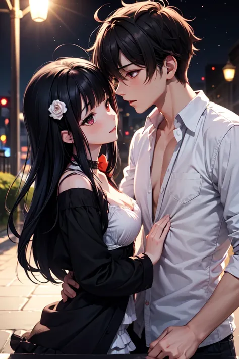  Anime screenshot . Scene R .18.  A pair of twin brothers of the opposite gender  ( a boy and a girl )  with black hair and red tips .  With dark red eyes .  The girl with long and messy hair with a fringe that covers the right edge of her face.  The boy w...