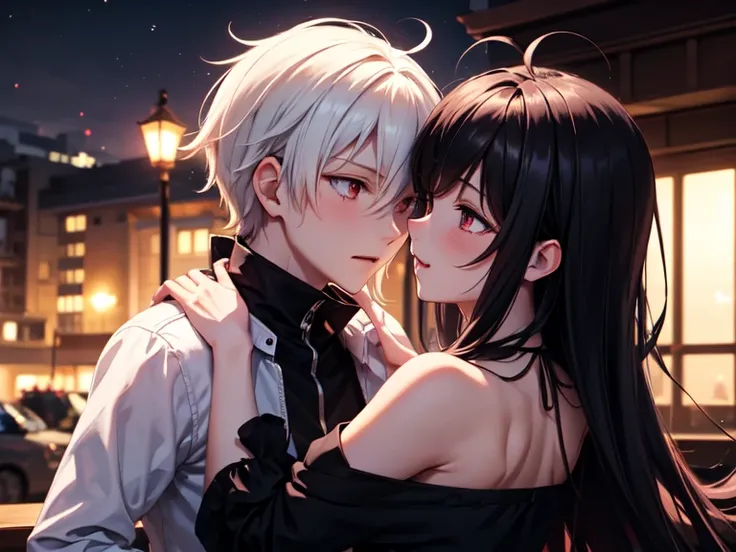  Anime screenshot . Scene R .18.  A pair of twin brothers of the opposite gender  ( a boy and a girl )  with black hair and red tips .  With dark red eyes .  The girl with long and messy hair with a fringe that covers the right edge of her face.  The boy w...