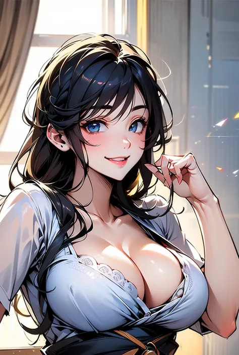 A stylish character, masterpiece, best quality, ultra-detailed, illustration, slim fit sexy girl is in classroom, blue eyes, shy smile, perfect small breast