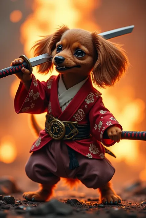  male brown miniature dachshund tengu biting a Japanese sword、The expression is furious、 turned into a god of destruction that did everything possible to destroy 、 holding a Japanese sword in her right hand 、He is holding a Japanese sword in his left hand....