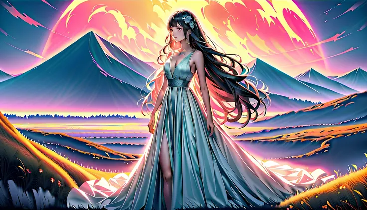 A stunning illustration of a beautiful woman inspired by Celtic music, set in a fantastical and ethereal atmosphere. She has long flowing hair, adorned with intricate Celtic designs and natural elements like leaves and flowers. Her dress is flowing and ele...