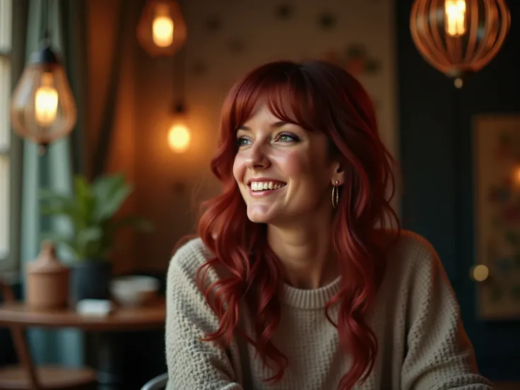  a woman, a random person, and casual clothes , Detailed smile, detailed eyes, random hair color , Casual hairstyle , ,cosy, MJ , cinematic fortune , 