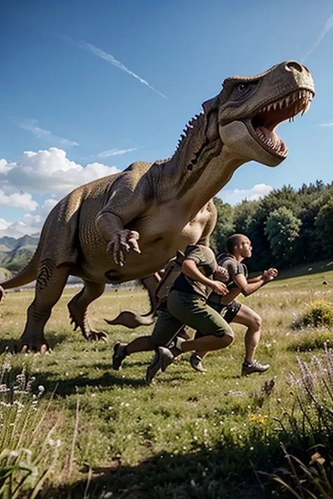 Dinosaurs and people, running in a meadow, fighting.