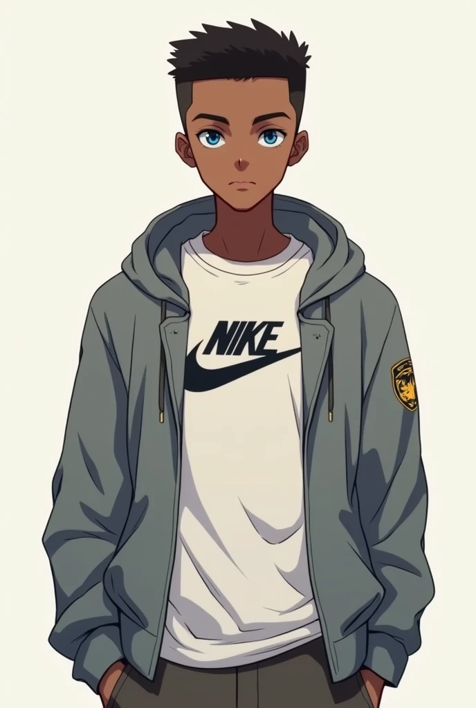  Black male anime character 
. Flat American Black Hair . Blue Eyes.  Nike shirt
Calm face.toys. Sweatshirt de gang 


