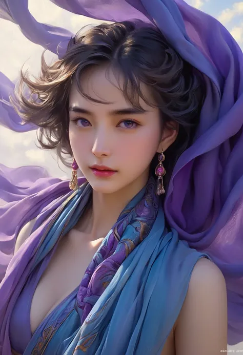 A woman in a blue dress with a long purple scarf, Beautiful Woman Photos, Beautiful fantasy empress, Jan J, style of Art Gelm, Art Gelm and ruan jia, extremely detailed Art Gelm, trending Art Gelm, Art Gelm.  ruan jia and Art Gelm, Inspired by Fuhua, Art G...