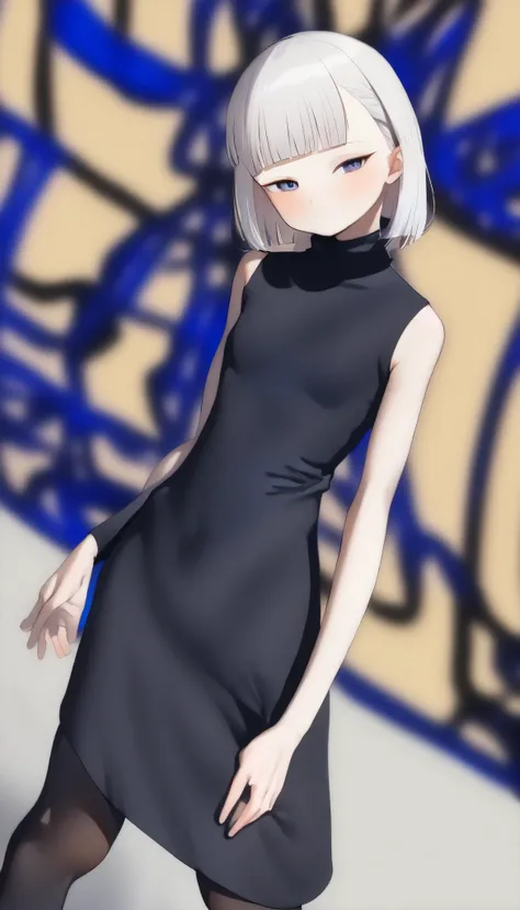  top quality、 Masterpiece、 Perfect Anatomy、 black dress、 turtleneck 、 (((15-year-old girl, slim,  short long hair 、bangs)))、 smaller breasts、indigo background 、 smudging indigo 、 blurry background