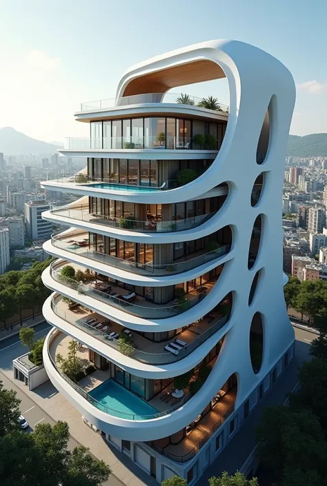 5-story curved building with rooftop pool