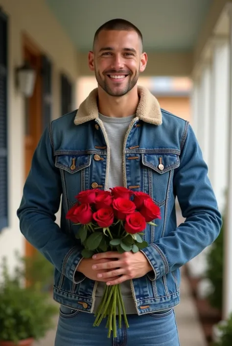 This is a 25-year-old man . handsome, manly. hair "buzz cut" light eyes light skin. Wear a denim jacket with wool around the collar,  Jean Azúl .  He has a warm expression .  Hes on the porch of a nice middle class house.  He wears a bouquet of roses in on...