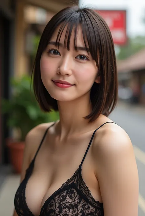 1girl,gal,large breasts,(best quality,absolutely resolution,ultra detailed,masterpiece),(photo realistic),8k,(detailed face),delicate realistic skin textures, (( Thai Streetscape))(( sad expression )) show your teeth and laugh, 緩い感じのパンツ、タンクトップMidsummer、 sw...