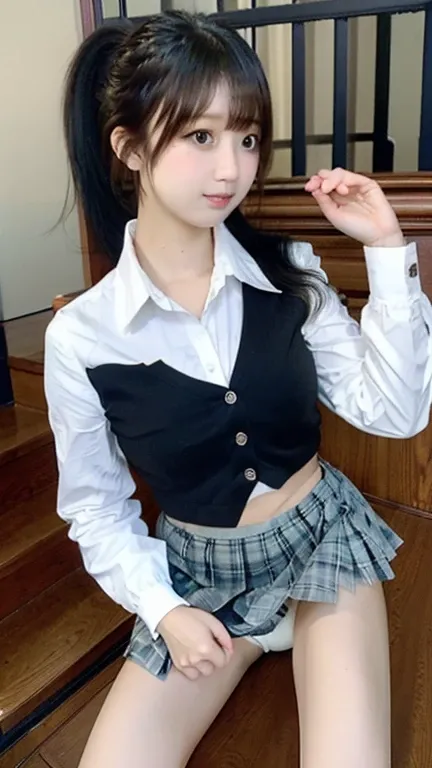 女子 College Student 、 College Student 、 high school uniform 、woman、、 slender、slender、 smaller breasts、A well-groomed face 、、(cute、 beauty)、( ponytail、Long 、Black Hair:1.3), blazer、 short skirt、Knee-length skirt、( blue, black, and dark green plaid pleated sk...