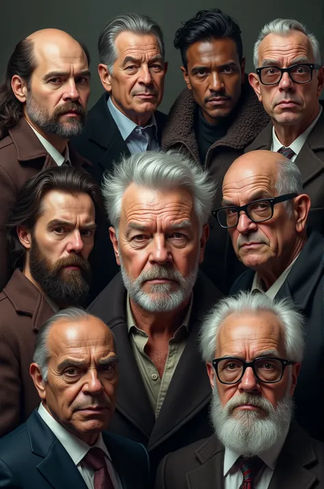  make an image with 9 faces :
1)  A kinda fat guy with a round face and who has big hair,  but hes losing this one ,  and hes a rocker
2 )  A man with a gray beard ,  also involved in a black rocker ,  Bolshevik revolutionary and mma fighter
Mysterious 3 )...