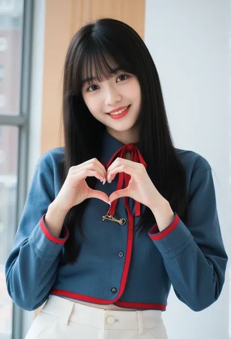 masterpiece, best quality, A young woman with long, vey thin body, straight black hair and blunt bangs smiles at the camera. She wears a blue top adorned with a gold star brooch and a red ribbon tied around her neck. Her hands form a heart shape in front o...