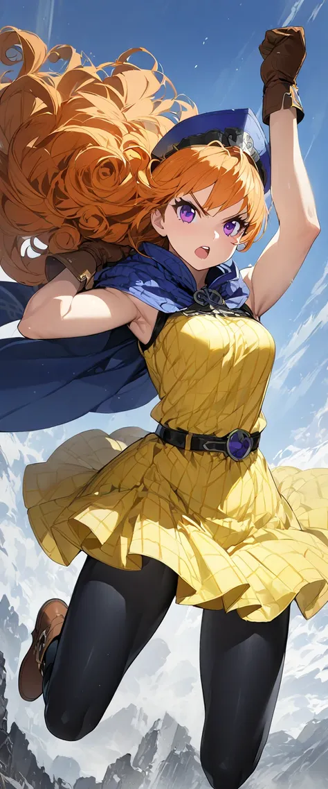  1 girl, Alone, DQ4-Arena、 long hair、Purple eyes、 orange hair、 sleeveless、 black pantyhose、 yellow dress、 yellow skirt 、belt、Cape、 curly hair 、 gloves、 dynamic pose、 action pose 、Mid-chest、 blue headwear 、 boots、(Sparkling、Sparkling dress:1.1)jumping,V-sha...