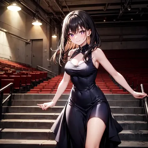 A high school-aged girl is climbing a set of backstage stairs in a theater, heading toward a brightly lit stage. She is mid-step, her expression showing focus and slight excitement. Her outfit flows lightly as she moves, suggesting urgency. The background ...