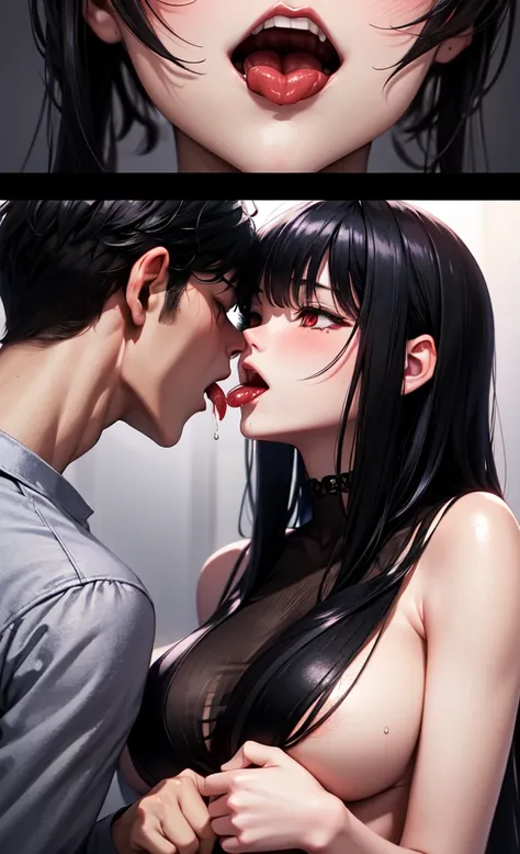  Anime screenshot . Scene R .18 NSFW.  A pair of twin brothers of the opposite gender  ( a boy and a girl )  with black hair and red tips .  With dark red eyes .  The girl with long and messy hair with a fringe that covers the right edge of her face.  The ...