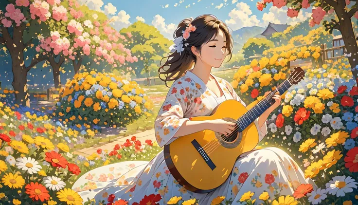  top quality, woman playing classical guitar surrounded by flowers,cute,Kinoshita ,Surrounded by flowers,Warm sunshine